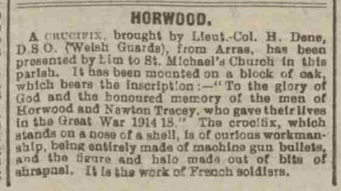 Crucifix from Arras Horwood and NT 6.6.1918