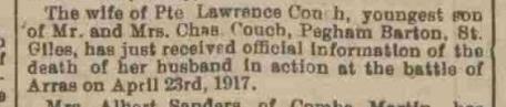 Death notification Pte Lawrence Couch NDJ 11.4.1918