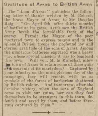 Gratitude of Arras Western Times 19.5.1917